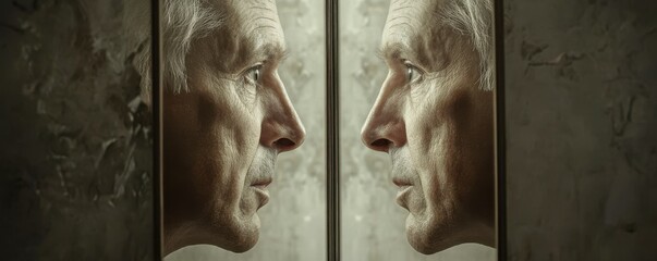 A person's reflection in a mirror showing them as a different age, their past and future selves merging in a single image.
