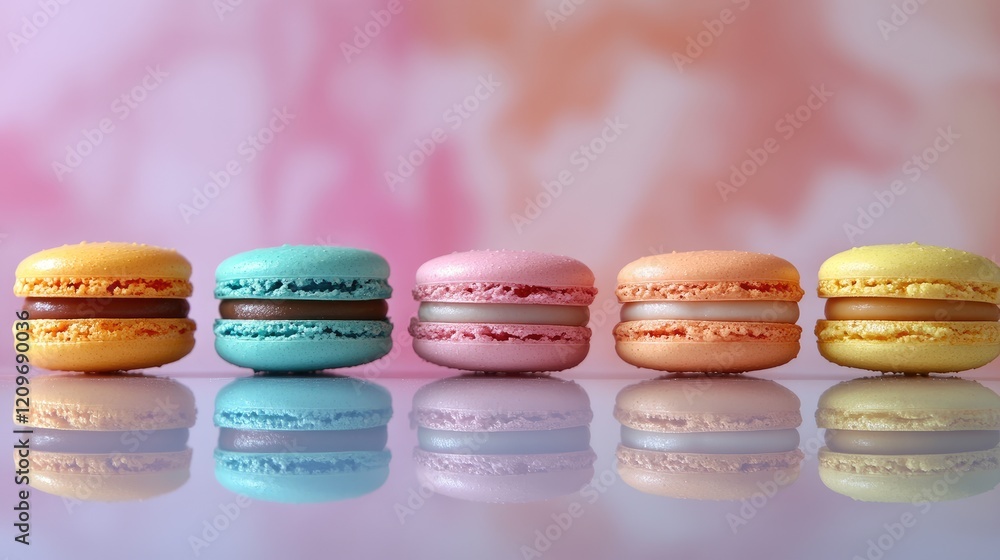 Aufkleber Colorful macarons arranged in a line with a softly blurred background highlighting their vibrant hues and reflections on a smooth surface.