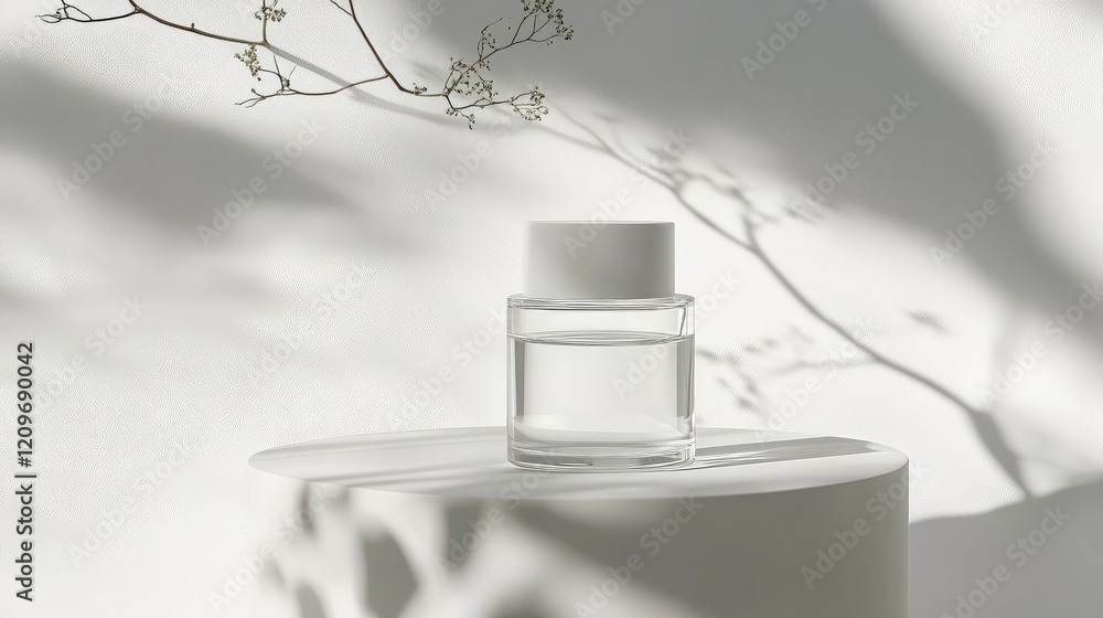 Poster clear skincare serum bottle on minimalist light background with soft shadows and delicate branch acc
