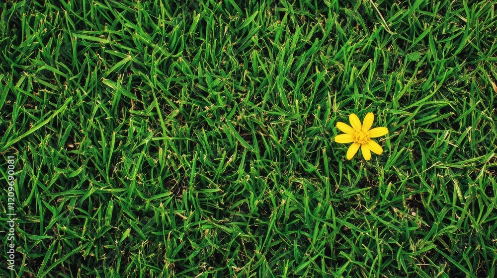 Poster single vibrant yellow flower standing out amidst lush green grass creating a serene and refreshing n