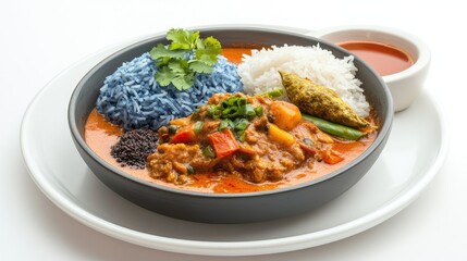 Sizzling curry with blue pea rice served in a black bowl alongside rice and dipping sauce on a plain white background