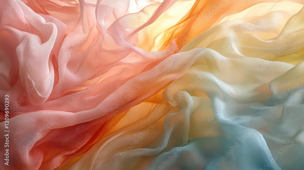 Aufkleber Pastel colored flowing fabric waves in soft coral peach and light blue shades creating a sense of gentle movement and depth in a serene setting