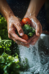 Close-up of hands thoroughly washing mixed salad greens and tomatoes.