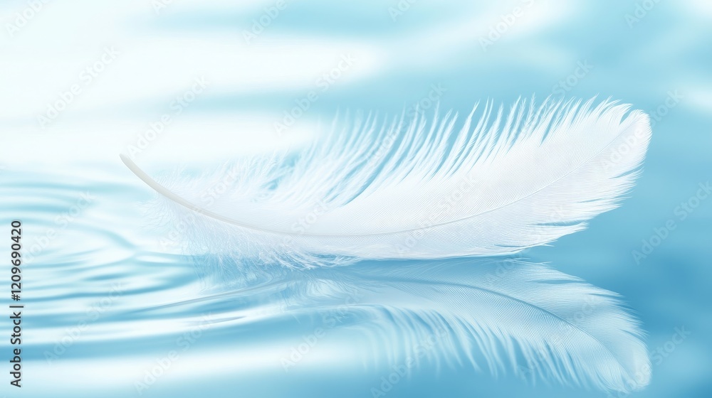 Aufkleber single white feather floating on calm water with gentle blue reflections creating a tranquil and ser