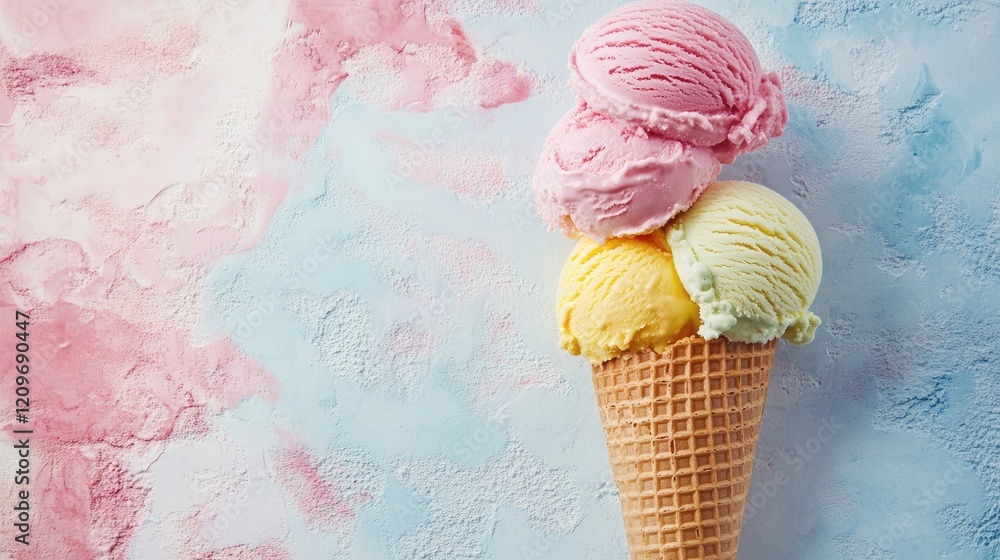 Poster pastel colored ice cream scoops in a waffle cone on a soft blue and pink background viewed from abov