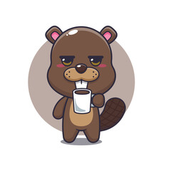 beaver mascot cartoon character vector illustration is tired and sleepy holding coffee.