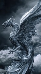 Majestic Metallic Dragon Soaring Through Stormy Skies