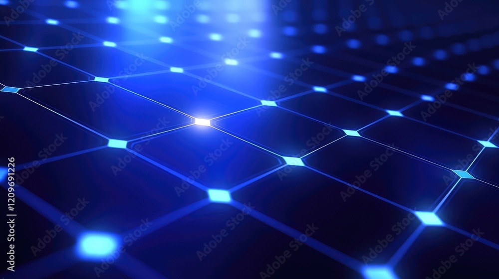 Poster blue solar panel grid pattern at renewable energy facility with illuminated cells captured from abov