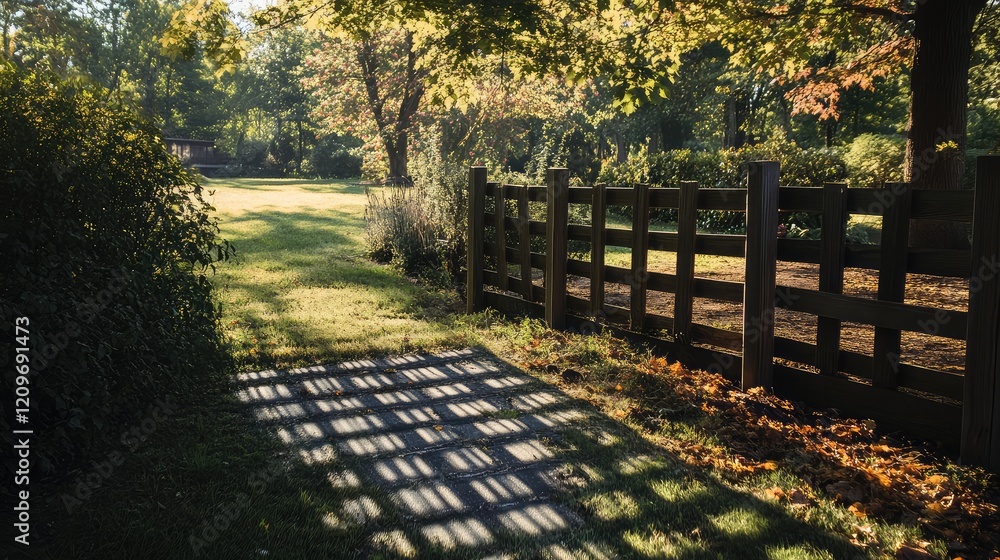 Poster solar panel casting geometric shadows on a rustic wooden fence in a sunlit yard with vibrant trees i