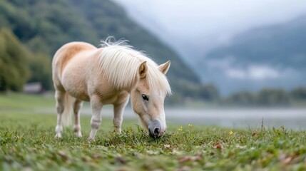 Obraz premium Palomino miniature horse grazing on a green meadow near a misty lake with mountains in the background.