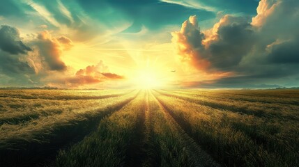Vibrant sunset over a solar farm with green fields and dramatic clouds, aerial view capturing sunlight reflecting off solar panels.