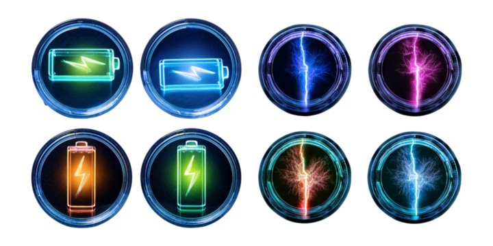 Colorful Battery and Energy Symbols with Neon Effects for Graphics