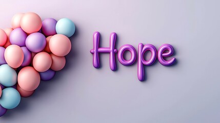 A colorful arrangement of pastel spheres next to the word "Hope" in playful, stylized letters, conveying a sense of positivity and optimism. Encouraging words for World Cancer Day.