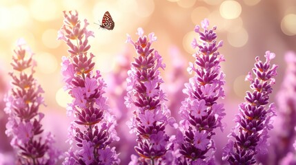 Obraz premium Butterfly over lavender field, sunset bokeh