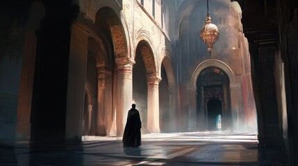 A Solitary Figure in a Grand Hallway