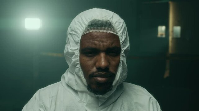 Tilt up lowkey portrait of young African American male forensic specialist wearing protective suit looking at camera with intense gaze holding arms crossed, standing at crime scene in dark building