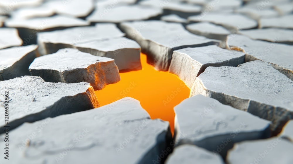 Poster crumbling white surface with fiery orange glow from cracks in a textured landscape highlighting soft