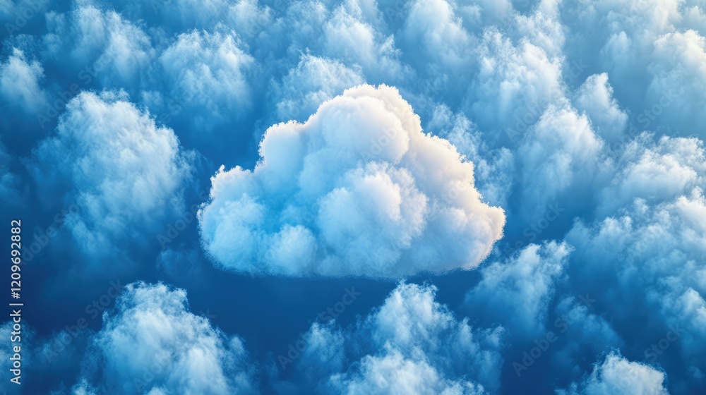 Poster cloud data integration solutions with white fluffy cloud in blue sky overlapping soft white clouds i