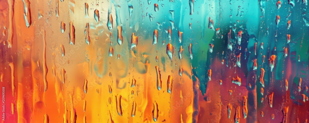 Poster abstract shot of raindrops on a window with colorful reflections.