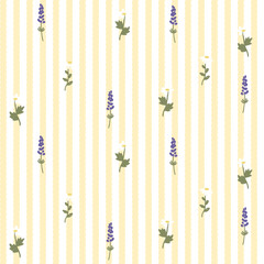 Vector pattern of fabric, wallpaper, wrapping paper, mats and bed sheets. Continuous in various sizes and repeatable. Cute style. Vertical wavy lines decorated with cute daisy and lavender flowers.