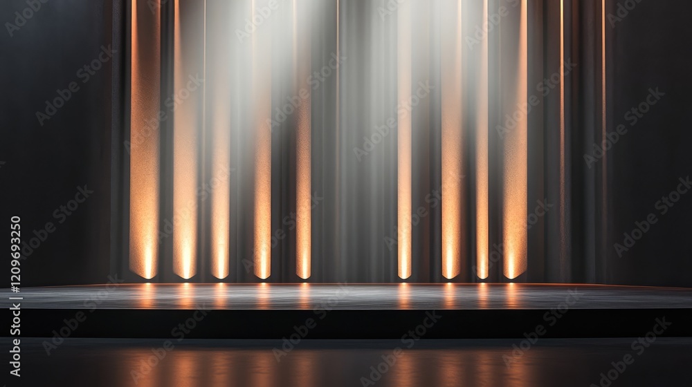 Poster subtle warm golden stage lighting with soft blurs creating an elegant backdrop for performances in a