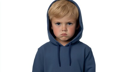Young Boy in Hoodie Gazing Thoughtfully, Isolated on White Background. Casual and Reflective Expression of Youth, Individuality, and Simplicity.