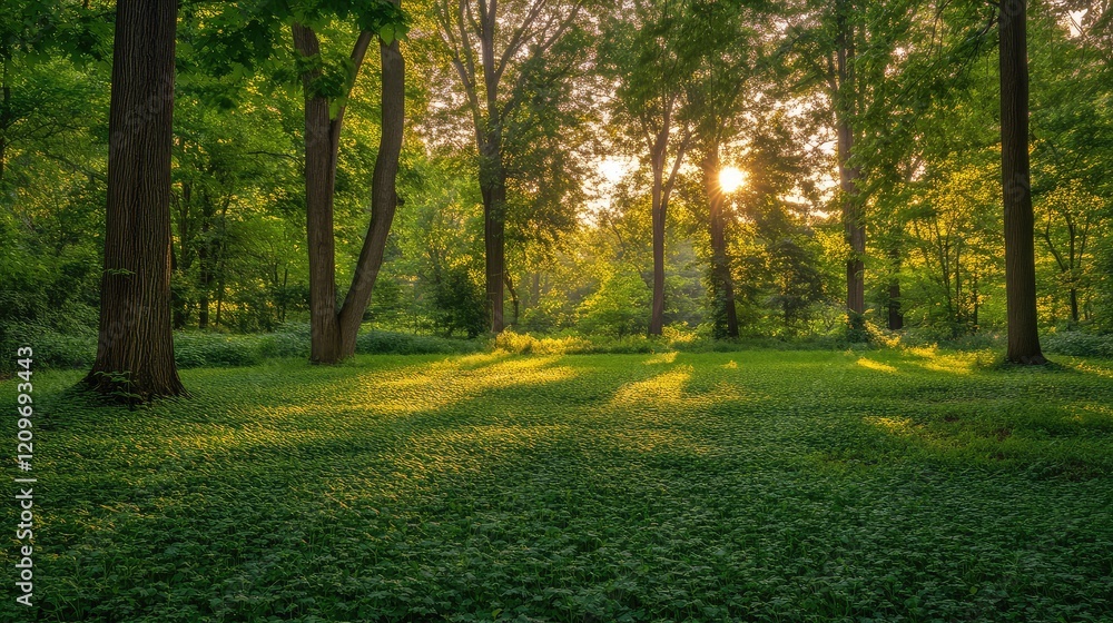 Poster tranquil green glade bathed in golden sunset light with lush trees and softly diffused shadows in a 