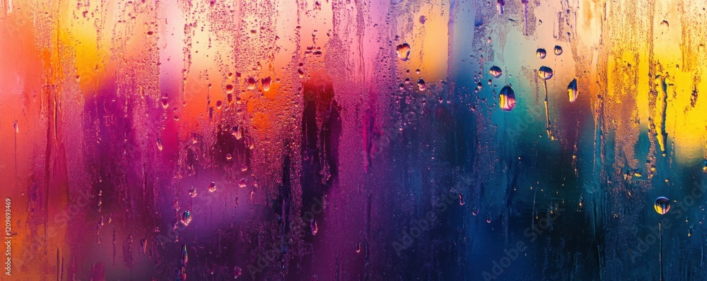 Poster abstract shot of raindrops on a window with colorful reflections.