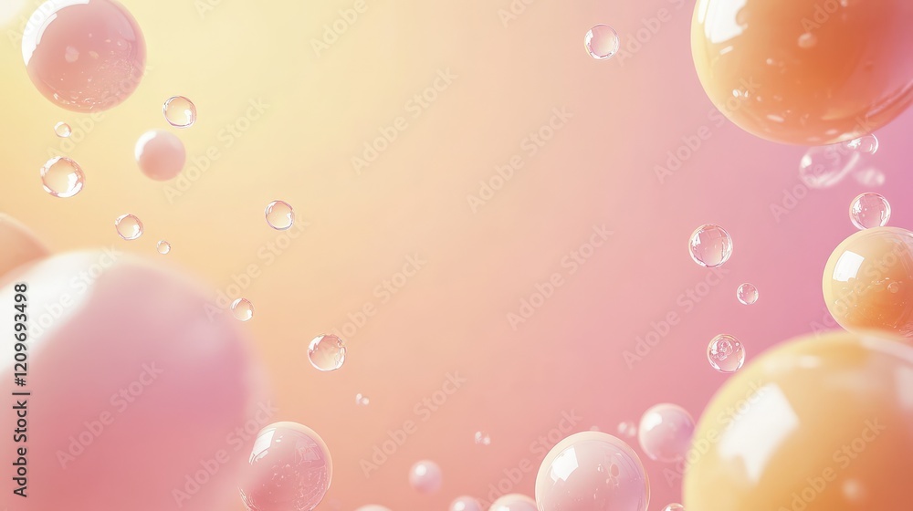 Poster soft yellowish pink abstract background with floating bubbles and water droplets ideal for text plac