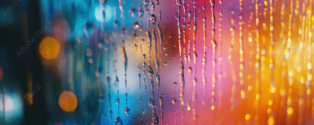 Poster abstract shot of raindrops on a window with colorful lights in the background.