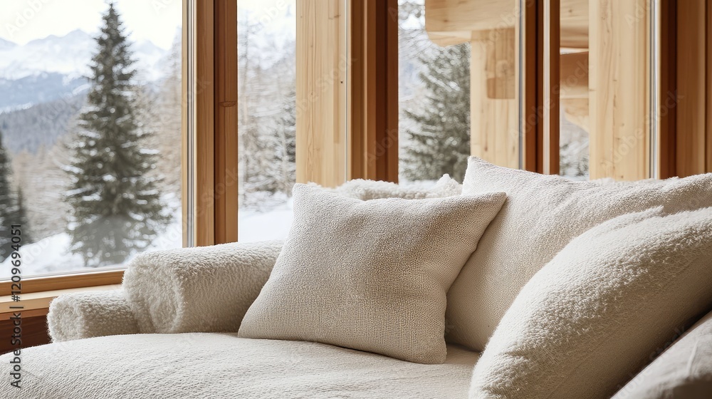 Poster cozy soft white decorative pillows on plush sofa beside large windows with snowy mountain views and 