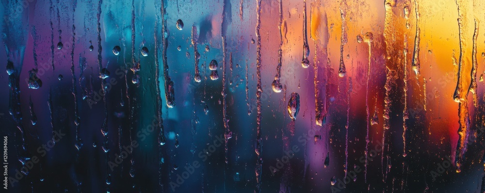 Poster abstract shot of raindrops on a window with colorful lights in the background.