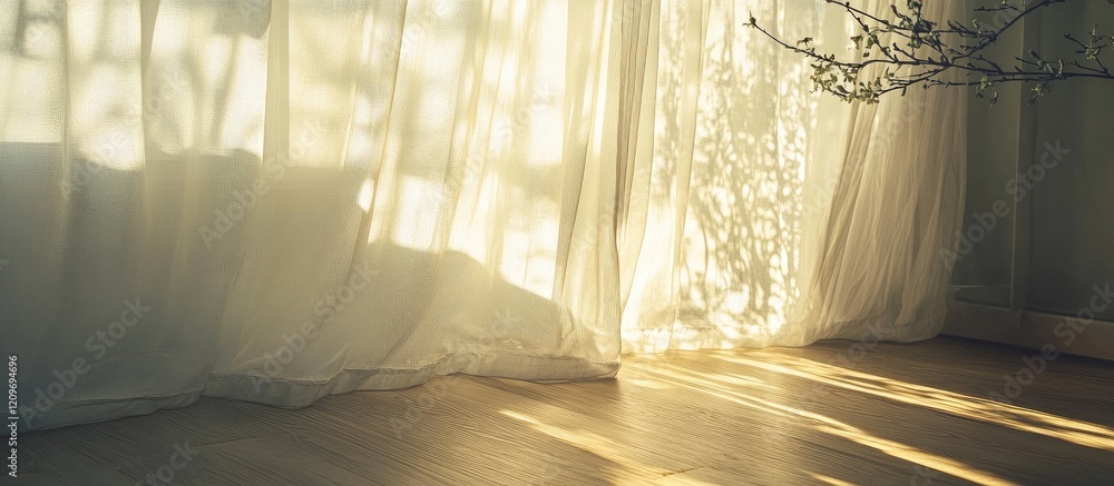 Poster serene room with soft light through sheer curtains creating gentle shadows and a calming atmosphere