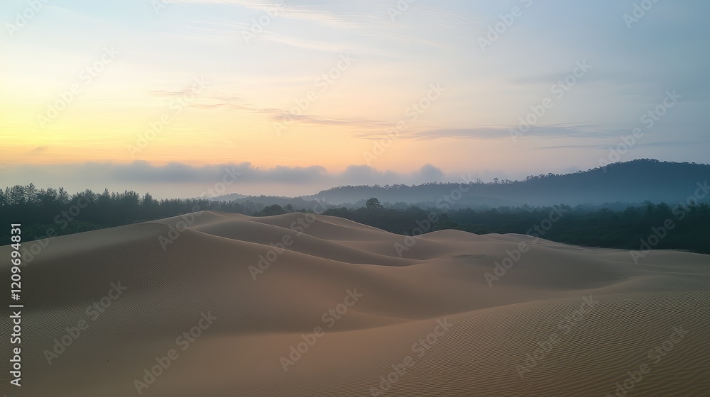 Poster dreamy twilight over rolling sand dunes creating a serene landscape with soft glow and tranquil atmo