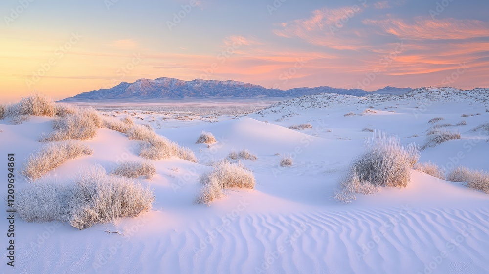 Aufkleber twilight serenity over rolling white sand dunes with soft glow and wispy grass creating a dreamlike 