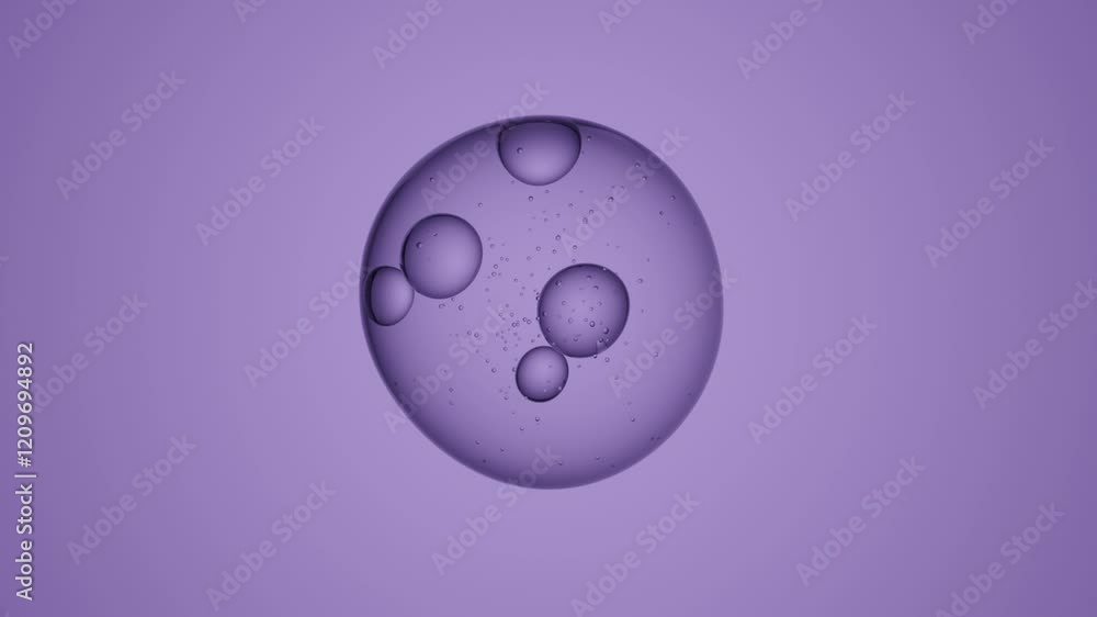 Poster single transparent spherical liquid droplet with large and small air bubbles floating on a purple ba