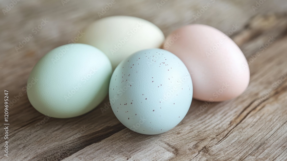 Poster pastel colored easter eggs arranged on rustic wooden surface creating a soft focus springtime aesthe