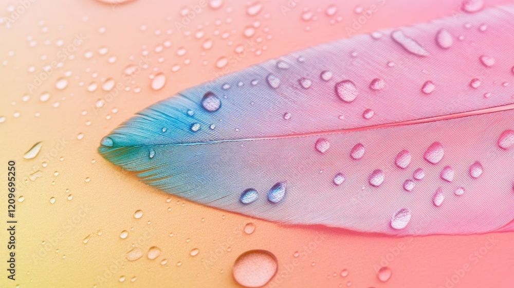 Poster pastel gradient background featuring a soft focus rainbow feather adorned with water droplets showca