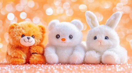 Fototapeta premium Three adorable plush toys, a bear, polar bear, and bunny, sitting together against a bokeh background.