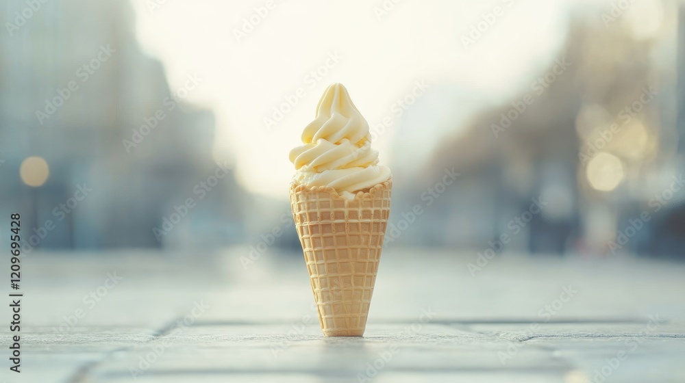 Poster empty waffle cone with soft serve ice cream against a blurred backdrop, evoking nostalgia and summer
