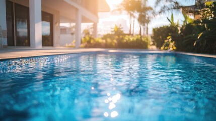 Elegant luxury home with tranquil swimming pool in soft focus showcasing serene outdoor living environment and lush landscaping at sunset