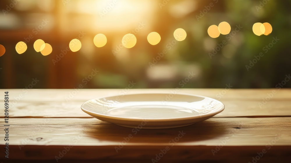 Poster soft focus empty plate on rustic wooden table with bokeh lights enhancing the warm dining atmosphere