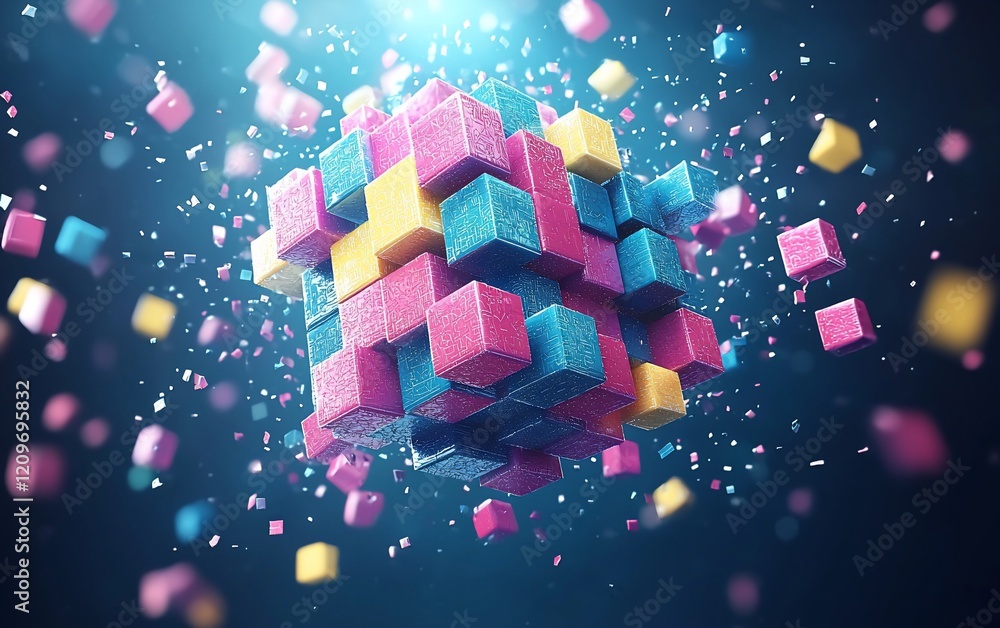 Poster Colorful cube exploding into smaller cubes.