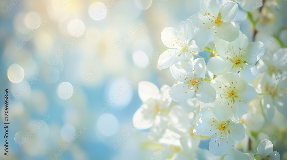 Poster soft focus bokeh background featuring delicate white spring flowers with gentle vibrancy and etherea