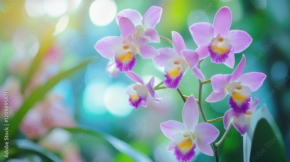 Poster dendrobium orchids in soft focus showcasing vibrant blooms in a serene indoor plant display with a b