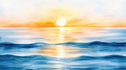 Obraz premium Sunset watercolor concept. A serene watercolor sunset over calm ocean waves, capturing tranquility and beauty.