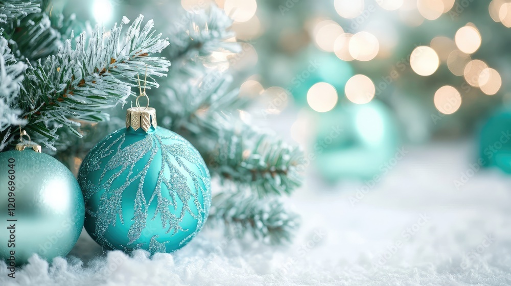 Poster mint green and teal christmas ornaments adorned on frosted evergreen branches with soft focus diffus