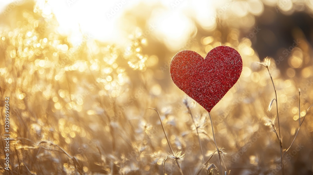 Poster soft focus heart symbolizing affection in warm natural setting with glowing background and ample cop