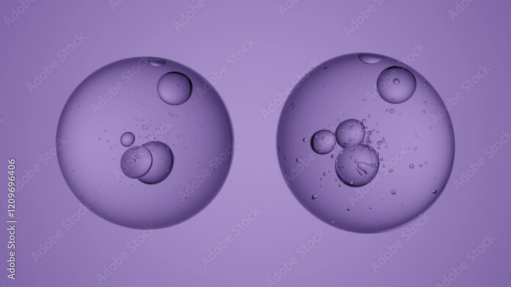 Poster two transparent spherical liquid droplets with air bubbles floating elegantly on a purple background