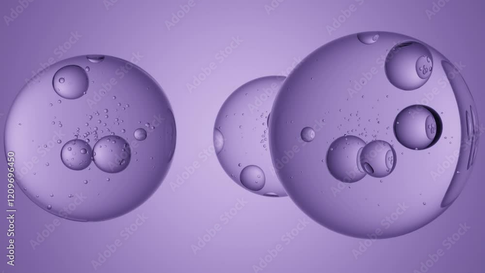 Poster three transparent spherical liquid droplets with air bubbles on a purple background in a seamless 3d